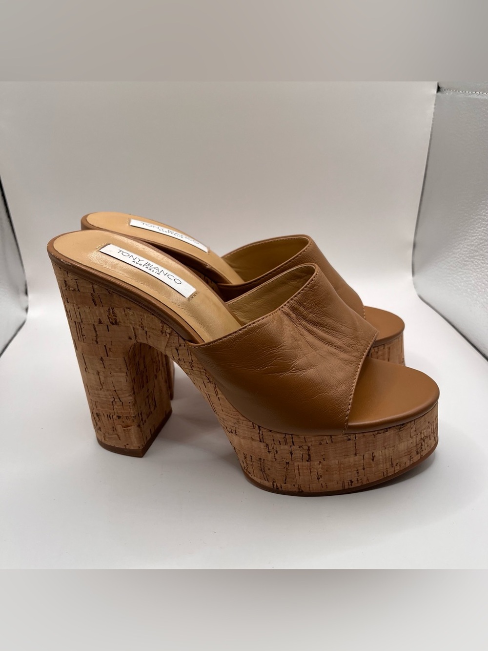 Tony Bianco brown leather platform cork slide sandals size 7 EUC heels - Picture 5 of 9